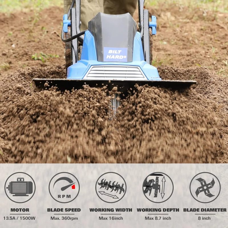 BILT HARD Tiller Cultivator 16 inch, 13.5 Amp 6 Steel Tines Electric Garden Rototiller with Adjustable Wheels - Image 2