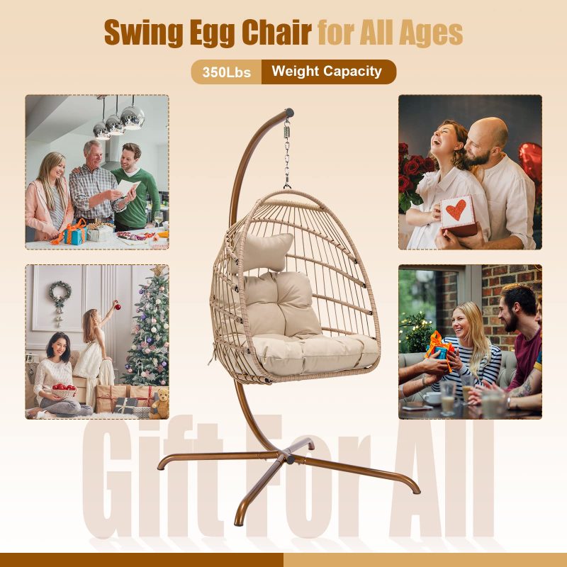 NICESOULu00ae Swing Egg Chair with Stand Indoor Outdoor Wicker Rattan Patio Basket Hanging Chair with UV Resistant Cushions 350lbs Capaticy for Bedroom Balcony Patio (Cream) - Image 8