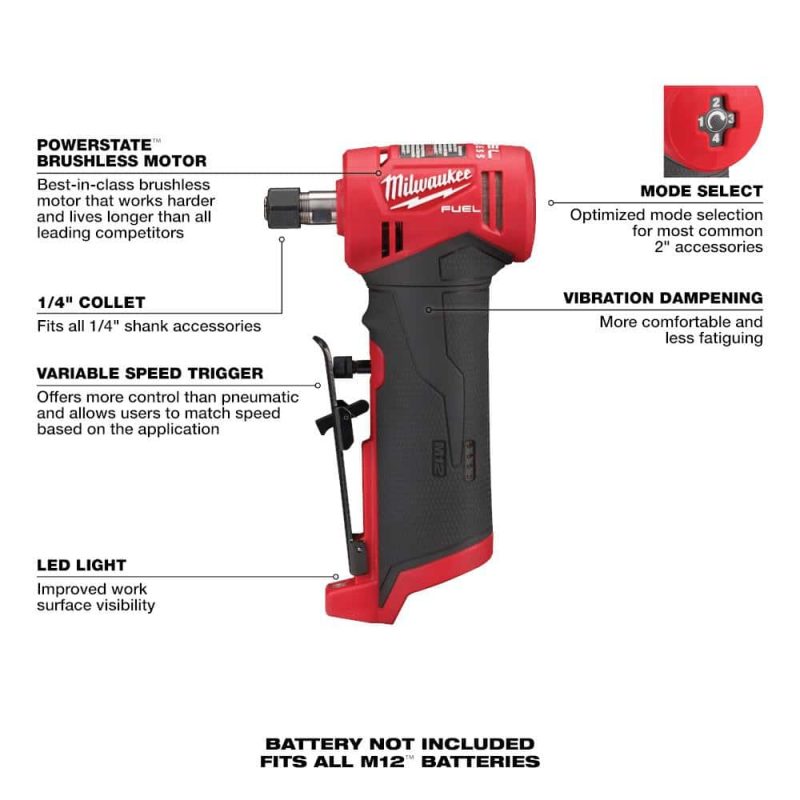 M12 FUEL 12V Lithium-Ion Brushless Cordless 1/4 in. Right Angle and Straight Die Grinder Kit (Tool-Only Kit) 2485-20-2486-20 - Image 2