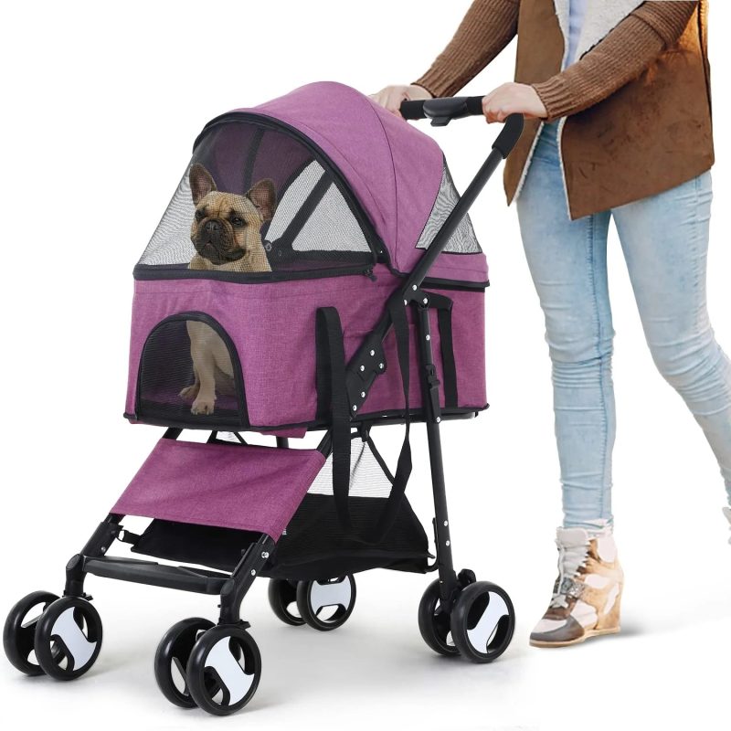 NiamVelo Pet Stroller 3-in-1 Detachable Dog Stroller with 4 Wheels Foldable Dog Travel Cart Cat Walker for Doggy Rabbit, Purple