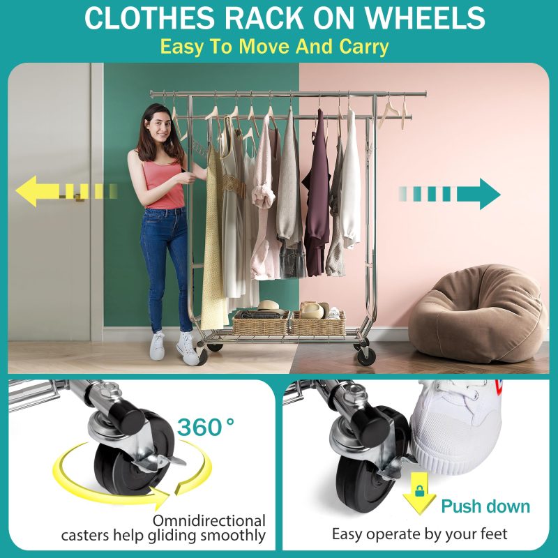 Raybee Clothes Rack Heavy Duty Holds 610LBS Rolling Clothing Racks for Hanging Clothes Portable Clothes Rack Metal Clothing Rack with Wheels Collapsible & Commercial Garment Rack Heavy Duty - Image 3