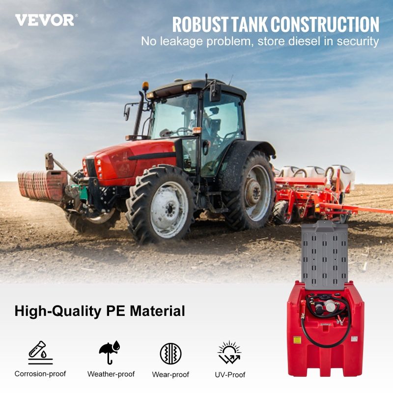 VEVOR Portable Diesel Tank, 116 Gallon Capacity & 10 GPM Flow Rate, Diesel Fuel Tank with 12V Electric Transfer Pump and 13.1ft Rubber Hose, PE Diesel Transfer Tank for Easy Fuel Transportation, Red - Image 2