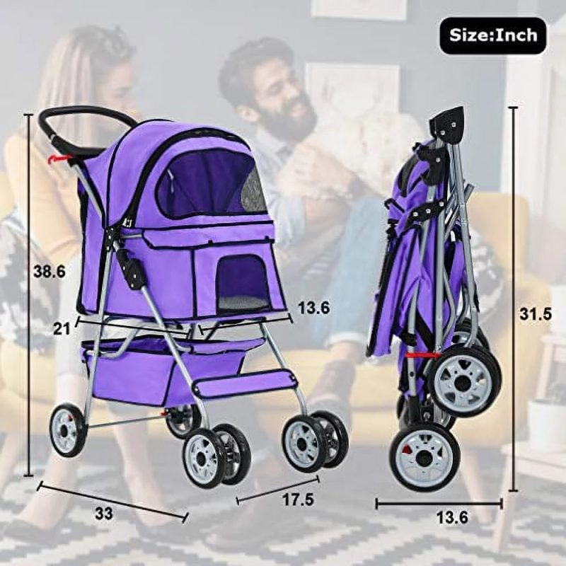 BestPet, Cat Carrier Stroller, 4 Wheels, Purple - Image 2