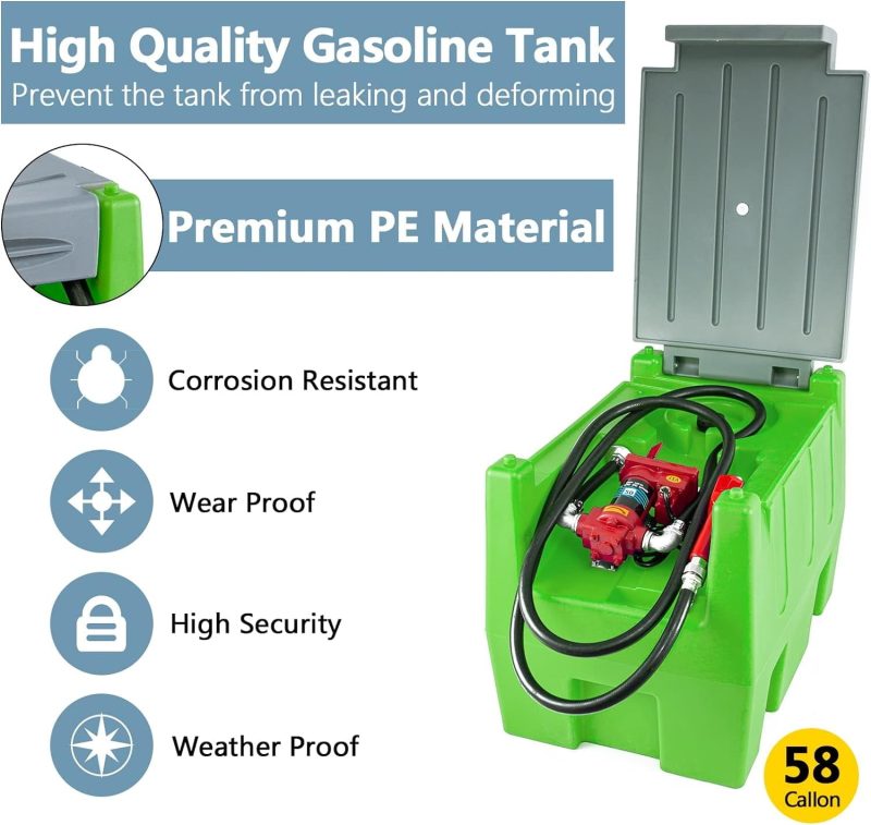 TECSPACE 58 Gallon Diesel Tank, Portable Fuel Tank with 12V Electric Fuel Transfer Pump, 40 GPM Diesel fuel Tank with 4 Meters Hose for Diesel Transportation (Green, 58 gal) - Image 2