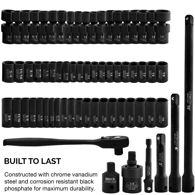 NEIKO 02471A Impact Socket Set, 3/8” Drive, 67 Piece, Metric and Standard Master Socket Set with Shallow & Deep Sockets, Ratchet, Swivel Sockets, Extension Bars, Adapters, Cr-V & Cr-Mo - Image 2