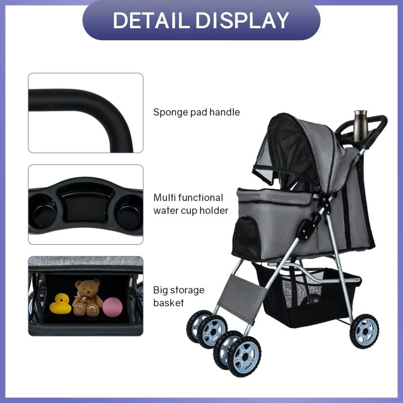 Dkelincs Pet Stroller 4 Wheels Foldable Dog Cat Stroller Travel Carrier with Storage Basket & Cup Holder, Grey - Image 4