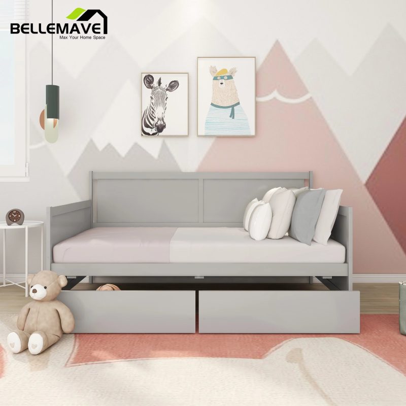 Bellemave Modern Twin Daybed with Storage Drawers Sturdy Wood Bed Frame Sofa Bed with Backrest and Armrest Storage Daybed Sofa Couch for Living Room or Bedroom, Gray