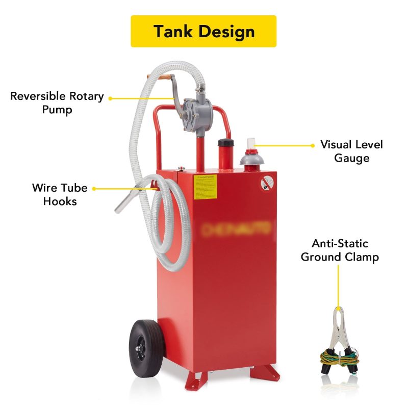 30 Gallon Gas Caddy, Gas Storage Tank, Fuel Transfer Storage Tank with 4 Wheels and Reversible Rotary Hand Pump, Gasoline Diesel Fuel Container for Boat, ATV, Car, Motorcycle - Image 6