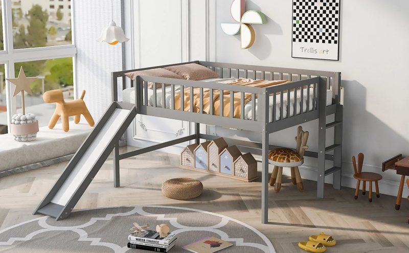 Gray Full Size Low Loft Bed with Fun Ladder and Slide for Kids‘ Bedroom Sturdy and Stylish Design Space-Saving Furniture Solution for Cozy Sleep and Play Area - Image 4