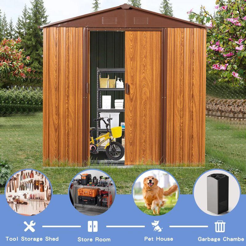 6.36 x 5.7ft Outdoor Metal Storage Shed with Floor Frame, Sliding Doors, Sun Protection, Waterproof Tool Storage Shed for Garden, Patio, Lawn,Backyard (Brown & Wood Grain-No Window) - Image 6