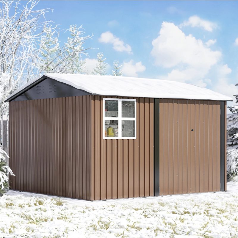 JAXPETY 10 x 10 ft Outdoor Metal Storage Shed with Window & Lockable Door for Garden, Backyard, Tool Storage Use, Brown - Image 14