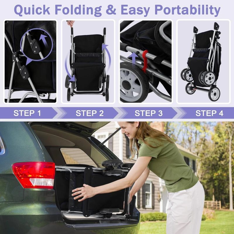 Dog Stroller Folding Pet Stroller 4 Wheels Cat Stroller Foldable Stroller Waterproof Travel Carrier Strolling Cart for Puppy Jogger Stroller W/Cup Holder & Storage Basket, Black - Image 5