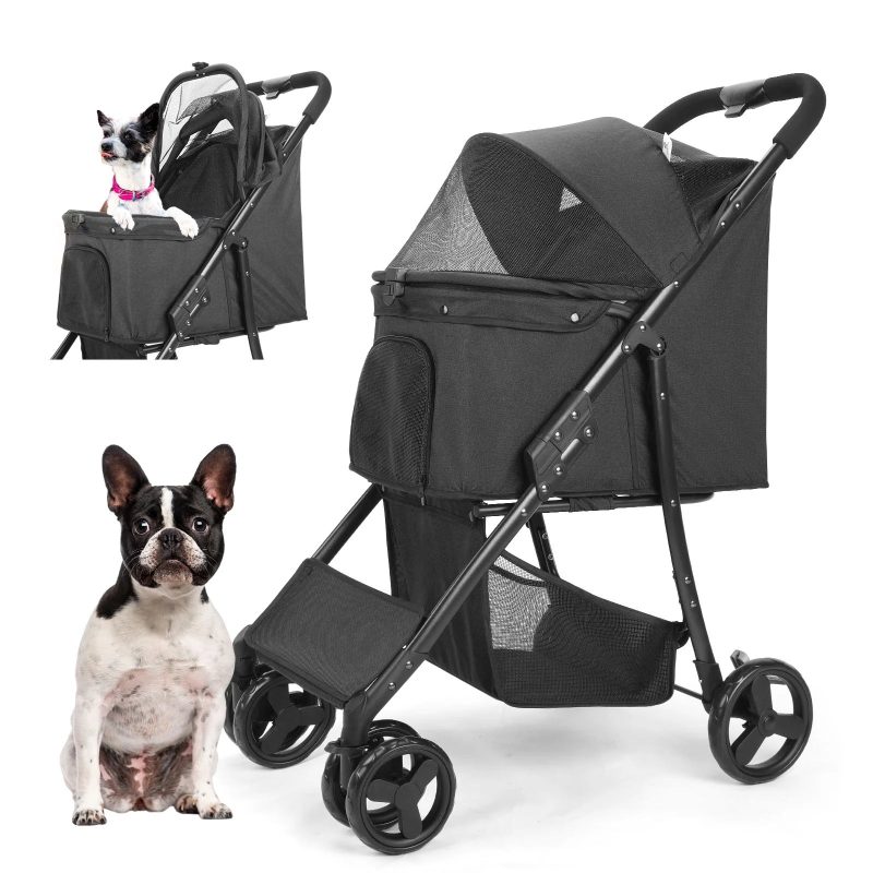 4 Wheel Dog Stroller, Wedyvko Foldable Pet Stroller with Storage Basket for Small Medium Dogs & Cats (Black)