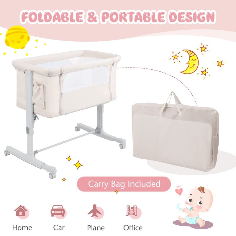 BABY JOY Bassinet Bedside Sleeper, 3 in 1 Folding Crib w/Adjustable Height, Mattress, Lockable Wheels, Storage Pocket & Carry Bag for Infant Newborn, Stationary & Rock, Portable Baby Bassinet (Beige) - Image 8