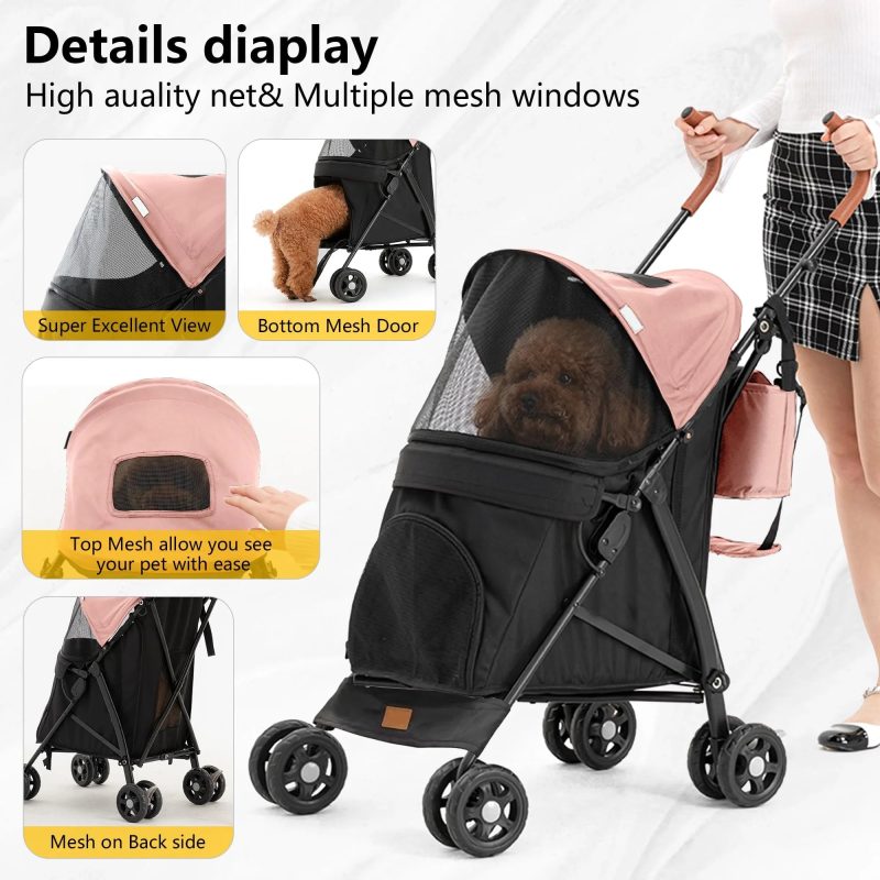 3 in 1 Folding Pet Dog Stroller, Dog Cat Stroller with Storage Basket and Cup Holder Portable Travel Carriage 4 Wheels for Small Medium Cats, Dogs and Puppy (Pink) - Image 4