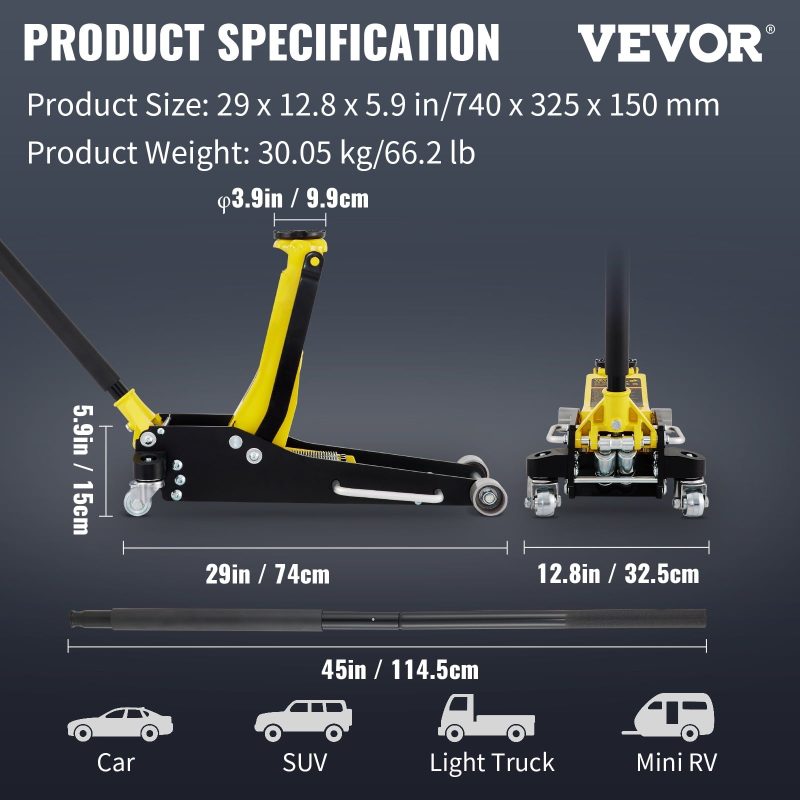 BENTISM Low Profile Floor Jack 3 ton (6600 lbs), Aluminum and Steel Hydraulic Racing Floor Jack, Dual Piston Quick Lift Pump, 19-11/16"-3-6/11" Height Lifting Range, Yellow+Black - Image 7