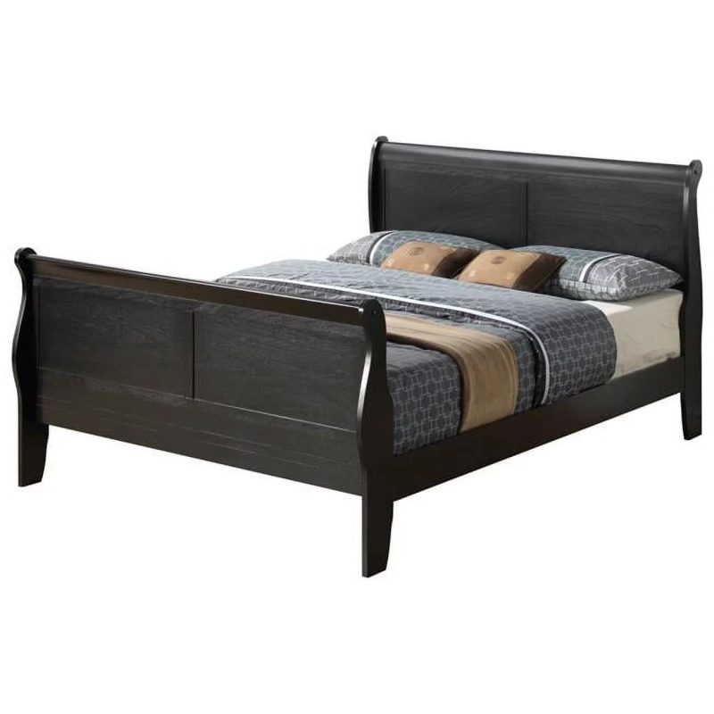 Passion Furniture Louis Philippe Sleigh Wood Bed with High Footboard, Black - King Size