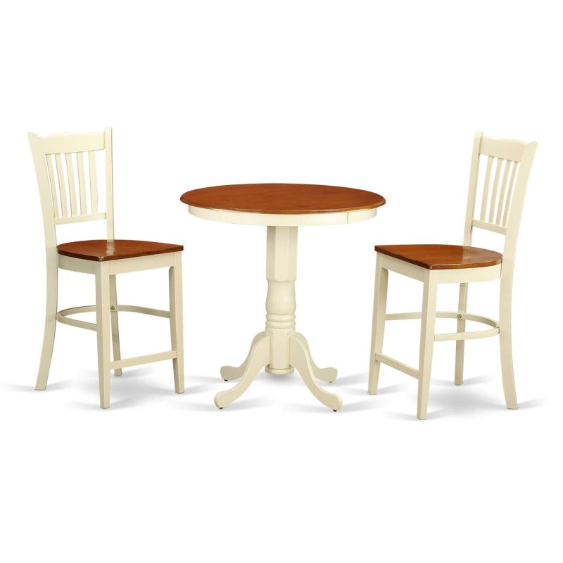 East West Furniture EDGR3-WHI-W Eden 3 Piece Kitchen Counter Set for Small Spaces Contains a Round Room Table with Pedestal and 2 Dining Chairs, 30x30 Inch, Buttermilk & Cherry - Image 2