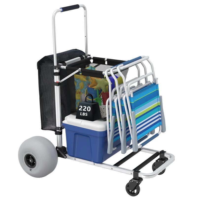 GDLF Foldable Beach Cart with Adjustable Handle and 12" Balloon Wheels, Heavy Duty Aluminum 220LBS Capacity