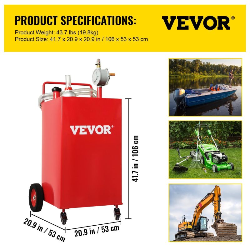 VEVOR 35-Gallon Fuel Caddy with Manual Transfer Pump, Gas Storage Tank on 4 Wheels for Gasoline, Diesel - Image 8