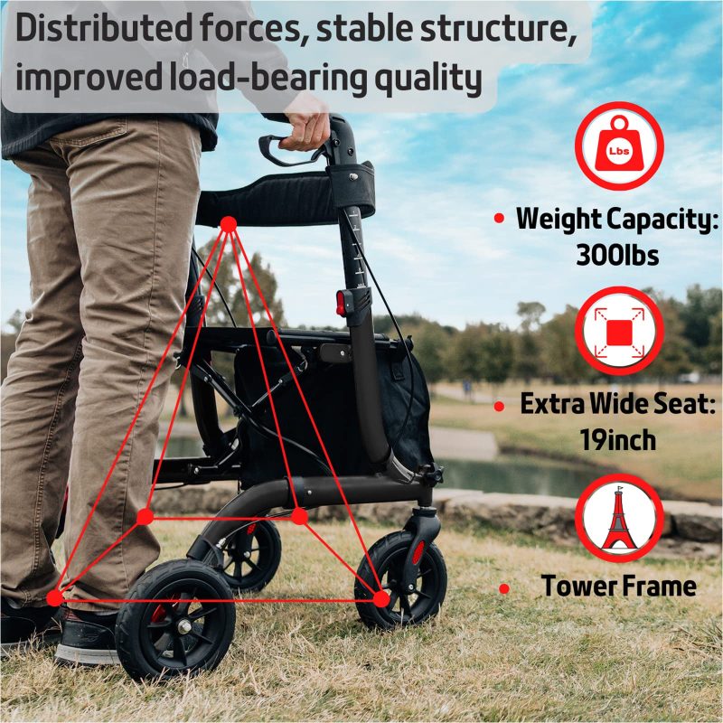 Henmnii Rollator Walker for Seniors, Lightweight Foldable All Terrain Rolling Walker with seat, Aluminum Walkers with 8 inch Rubber Wheels, Handles and Backrest for Seniors and Adult - Image 5