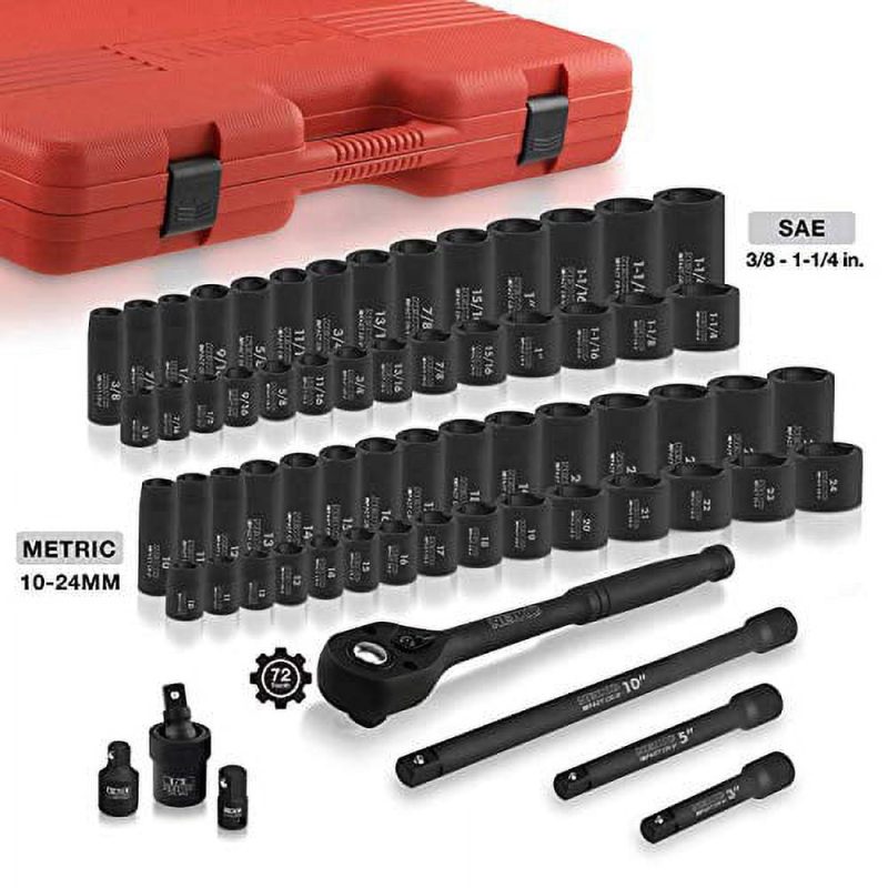 NEIKO 02448A 1/2" Drive Master Impact Socket Set, 65 Piece, Standard SAE (3/8"-1-1/4") & Metric (10-24 mm) Sizes, Deep & Shallow Kit, Includes Adapters & Ratchet Handle - Image 5