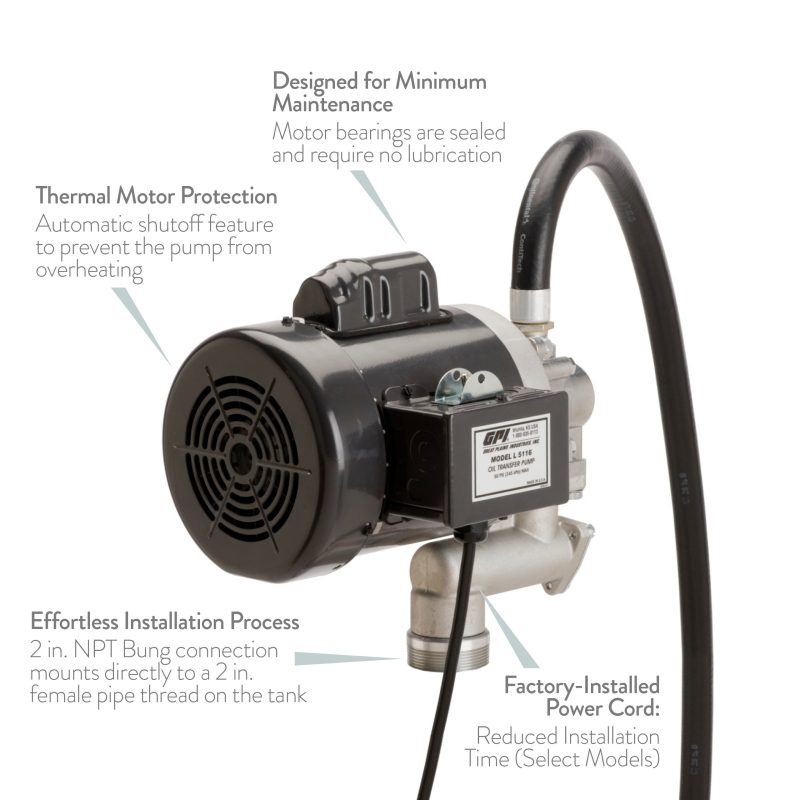 GPI - L5116 High Viscosity Oil Pump, 16 QPM, 115V/230AC Oil Transfer Pump for Viscous Fluids that Features a 0.75” Ball Valve Nozzle, 8 Foot Hose, 3 Foot Power Cord with Three-Prong Plug (142100-01) - Image 2