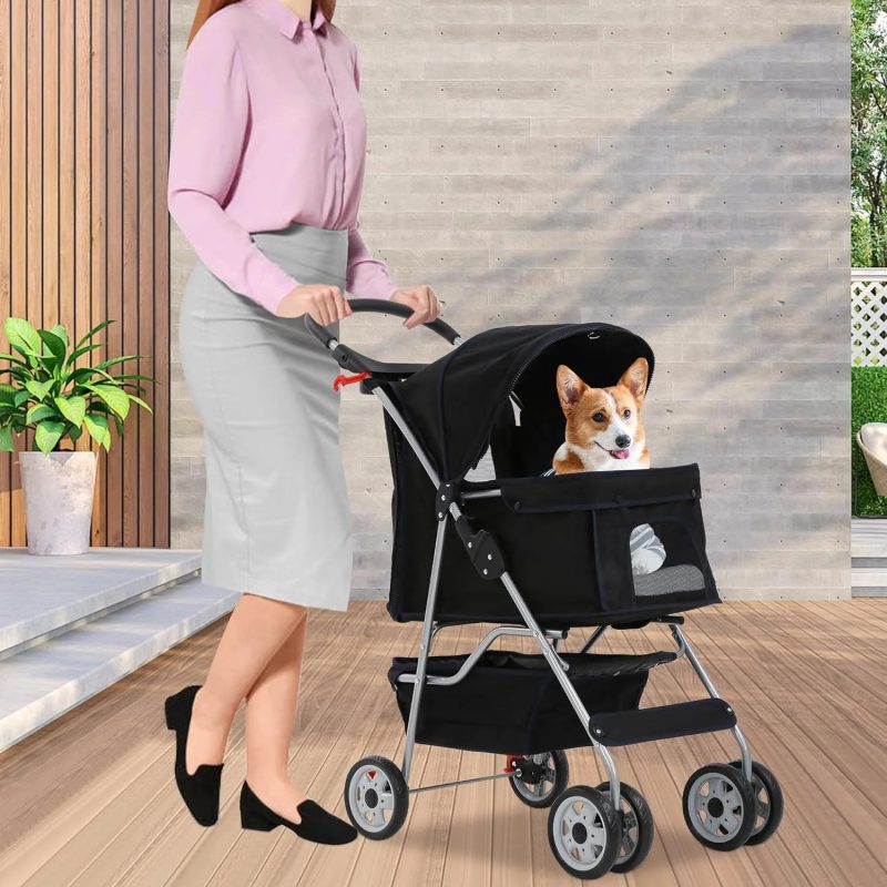 Dog Stroller Folding Pet Stroller 4 Wheels Cat Stroller Foldable Stroller Waterproof Travel Carrier Strolling Cart for Puppy Jogger Stroller W/Cup Holder & Storage Basket, Black - Image 7