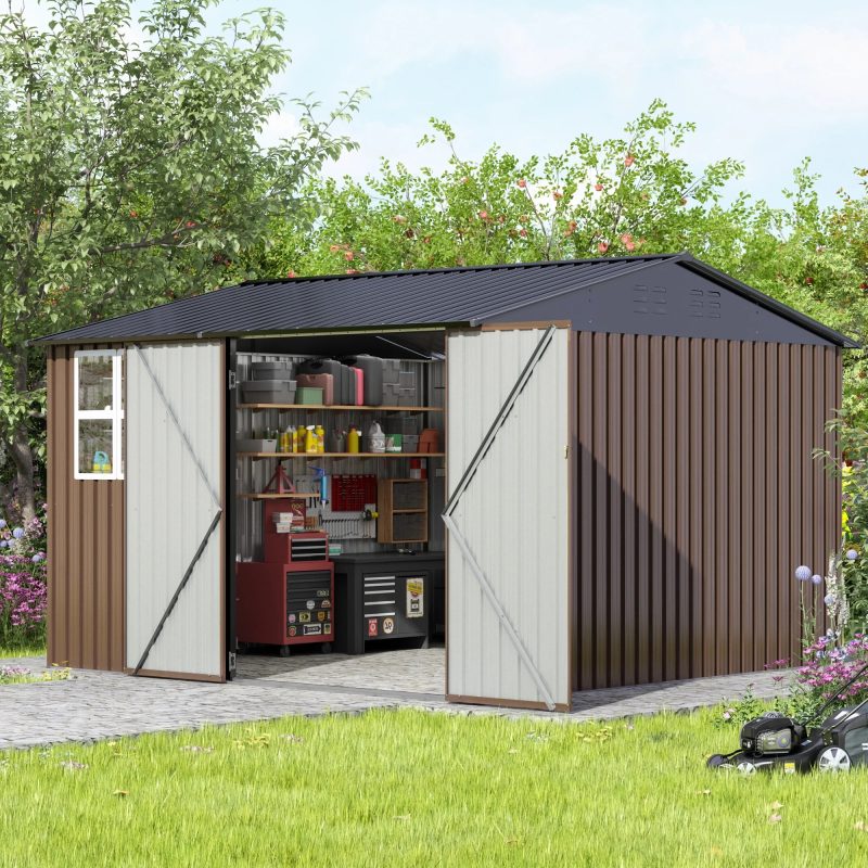 JAXPETY 10 x 10 ft Outdoor Metal Storage Shed with Window & Lockable Door for Garden, Backyard, Tool Storage Use, Brown - Image 12