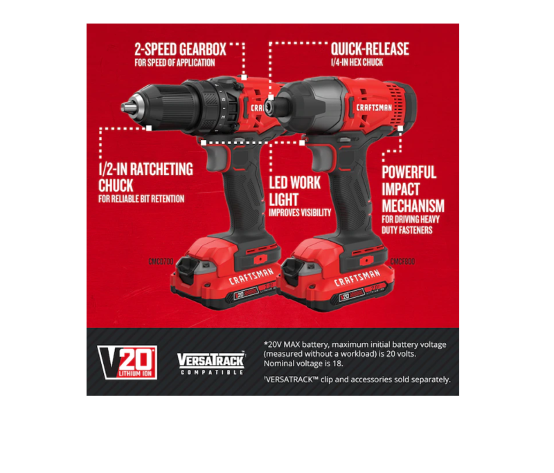 CRAFTSMAN CMCK200C2 V20 2-Tool 20-Volt Max Power Tool Combo Kit with Soft Case (2-Batteries Included and Charger Included) - Image 10