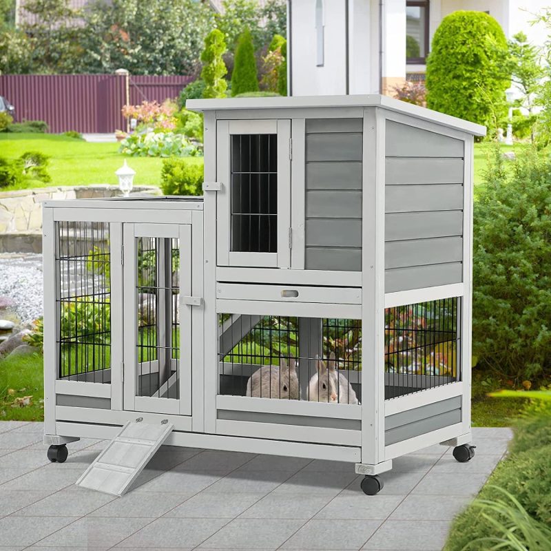 YODOLLA Indoor Rabbit Hutch Bunny Cage Large Pet House for Small Animal with Wheels - Image 2