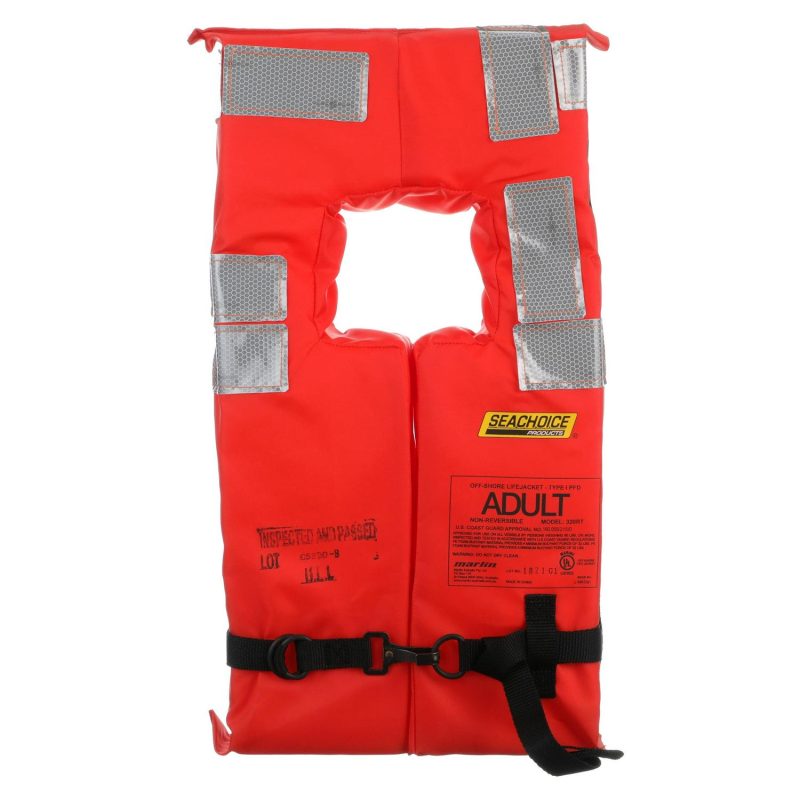 Seachoice Type I Commercial Offshore Vest， Fluorescent Orange， Reflective Panels， Adult， Over 90 Lbs.