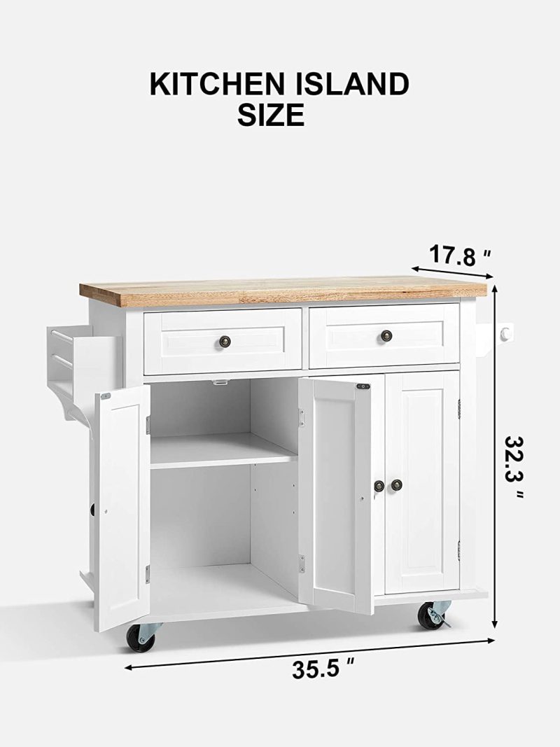 Homfa Kitchen Island Cart on Wheels, Rolling Bar Cart with Storage Cabinet, Rubber Wood Countertop, Lockable Casters, White - Image 3