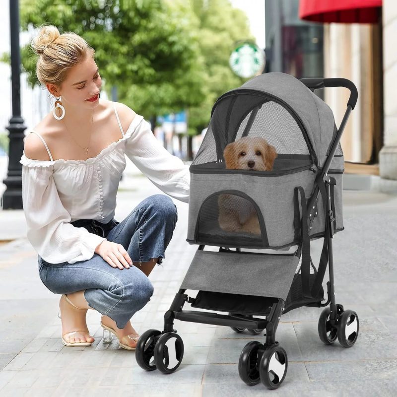 Dkeli 4 Wheels Dog Stroller Folding Pet Stroller Cat Stroller for Medium Dogs with Detachable Carrier, Grey - Image 6