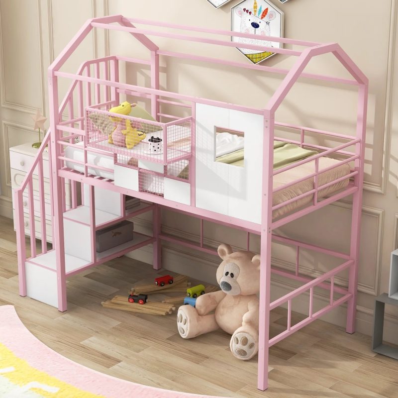 Pink Twin Metal Loft Bed with Unique Roof Design and Convenient Storage Box for Kids‘ Bedroom. Add Charm and Style to Your Child‘s Room with this Space-saving and Chic Furniture Piece. - Image 4