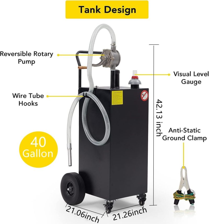 Towallmark 40 Gallon Portable Gas Caddy Storage Tank With Front Wheels,With Manuel Transfer Pump For Cars, Lawn Mowers, Atvs, Boats,Garden, Black - Image 5