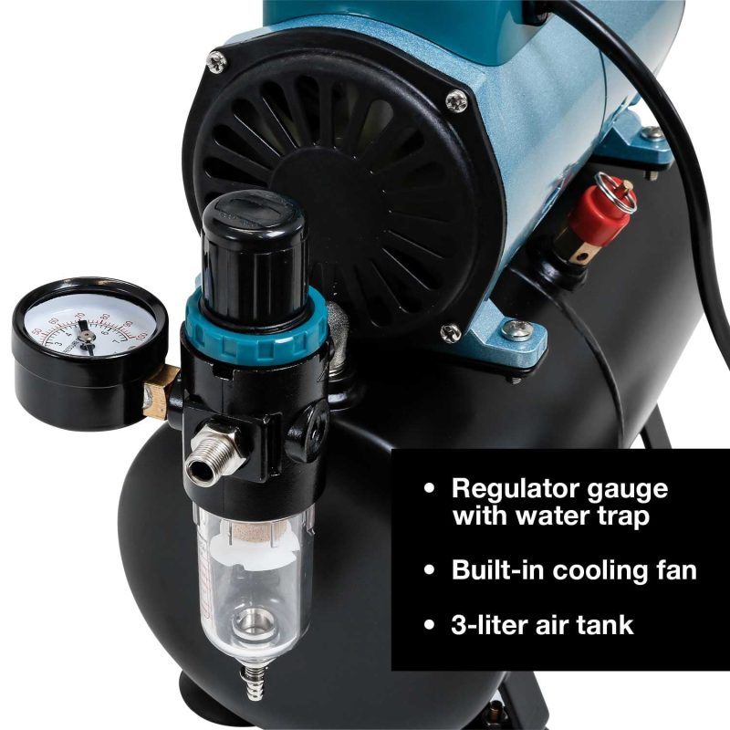 Master Airbrush Model TC-40T - Cool Runner Professional High Performance Single-Piston Airbrush Air Compressor with 3-Liter Air Tank, 2 Holders, Regulator, Gauge, Water Trap Filter & Air Hose - Image 3