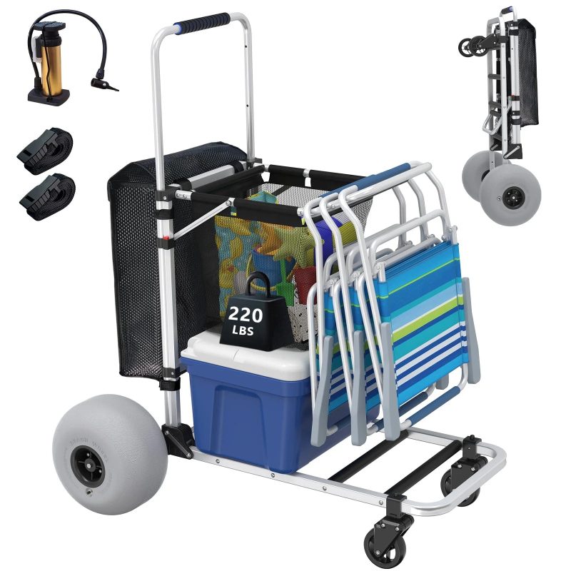 GDLF Foldable Beach Cart with Adjustable Handle and 12" Balloon Wheels, Heavy Duty Aluminum 220LBS Capacity - Image 9