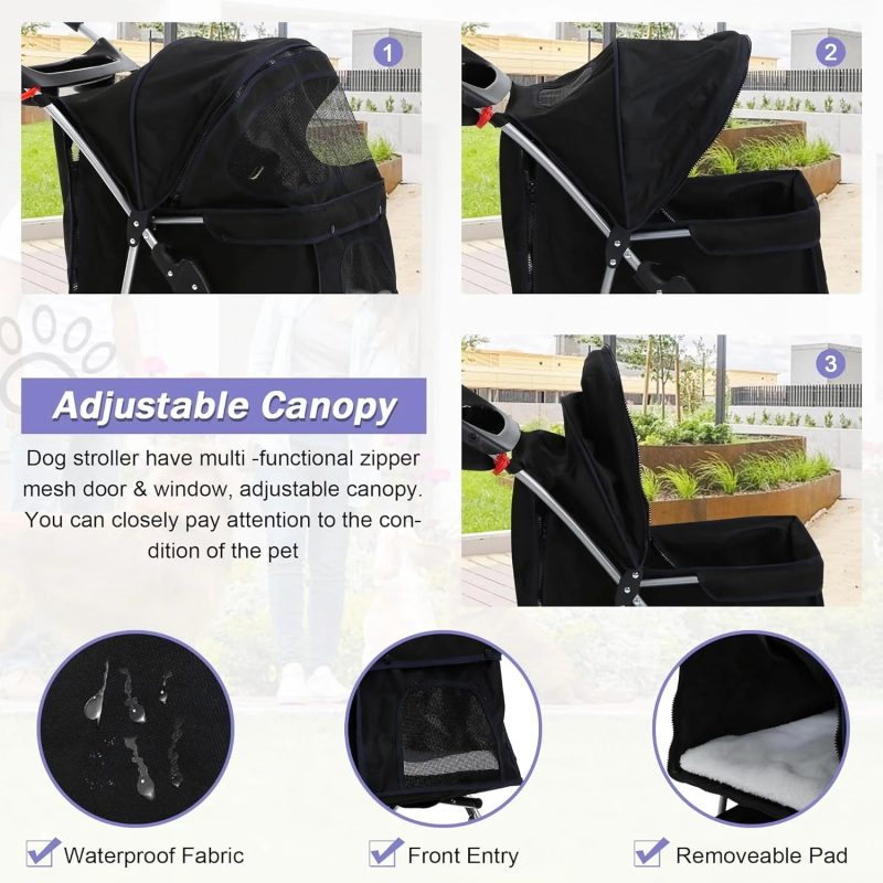 Dog Stroller Folding Pet Stroller 4 Wheels Cat Stroller Foldable Stroller Waterproof Travel Carrier Strolling Cart for Puppy Jogger Stroller W/Cup Holder & Storage Basket, Black - Image 4