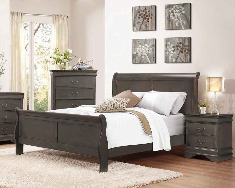 Classic Louis Philippe Styling 1pc Eastern King Size Sleigh Bed Stained Gray Finish Traditional Bedroom Furniture