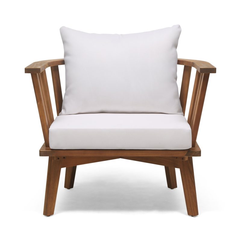 Dean Outdoor Wooden Club Chair with Cushions, White and Teak Finish - Image 3