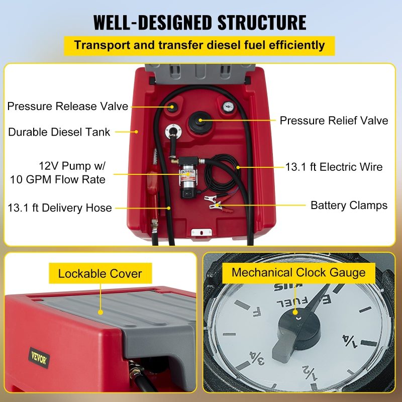 VEVOR Portable Diesel Tank, 58 Gallon Capacity, Diesel Fuel Tank with 12V Electric Transfer Pump, Polyethylene Diesel Transfer Tank for Easy Fuel Transportation, Red - Image 4