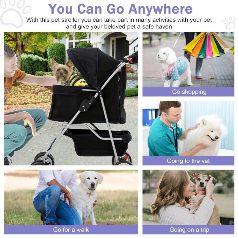 Dog Stroller Folding Pet Stroller 4 Wheels Cat Stroller Foldable Stroller Waterproof Travel Carrier Strolling Cart for Puppy Jogger Stroller W/Cup Holder & Storage Basket, Black - Image 6