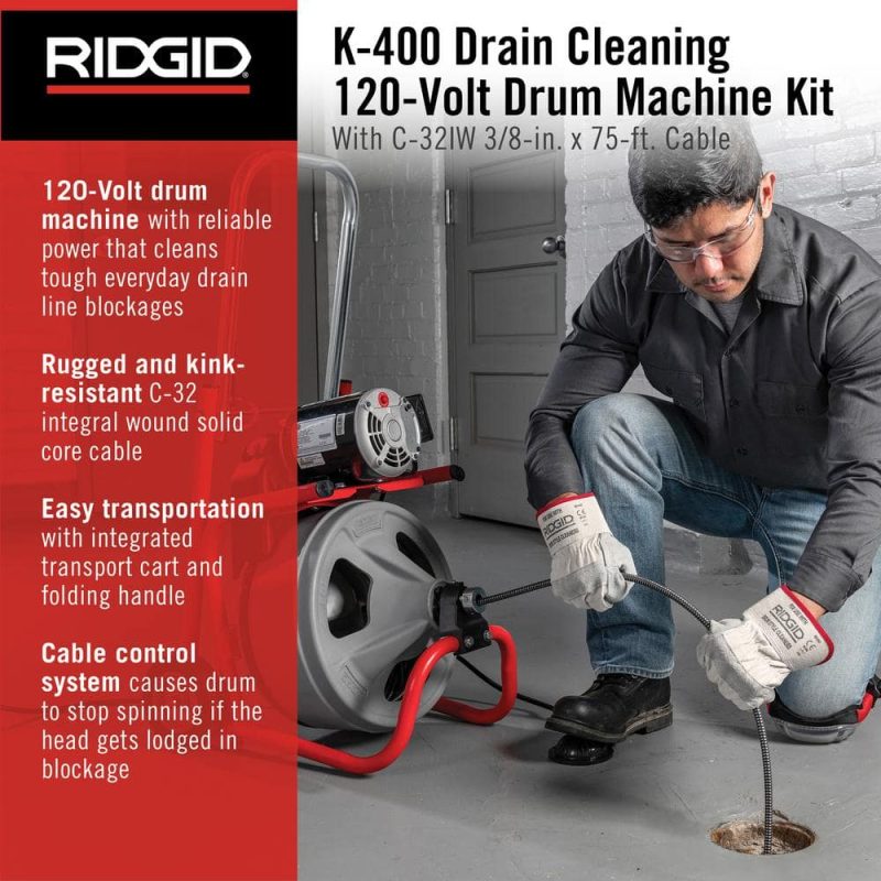 K-400 Drain Cleaning Snake Auger 120-Volt Drum Machine with C-32IW 3/8 in. x 75 ft. Cable + 4-Piece Tool Set & Gloves 52363 - Image 2