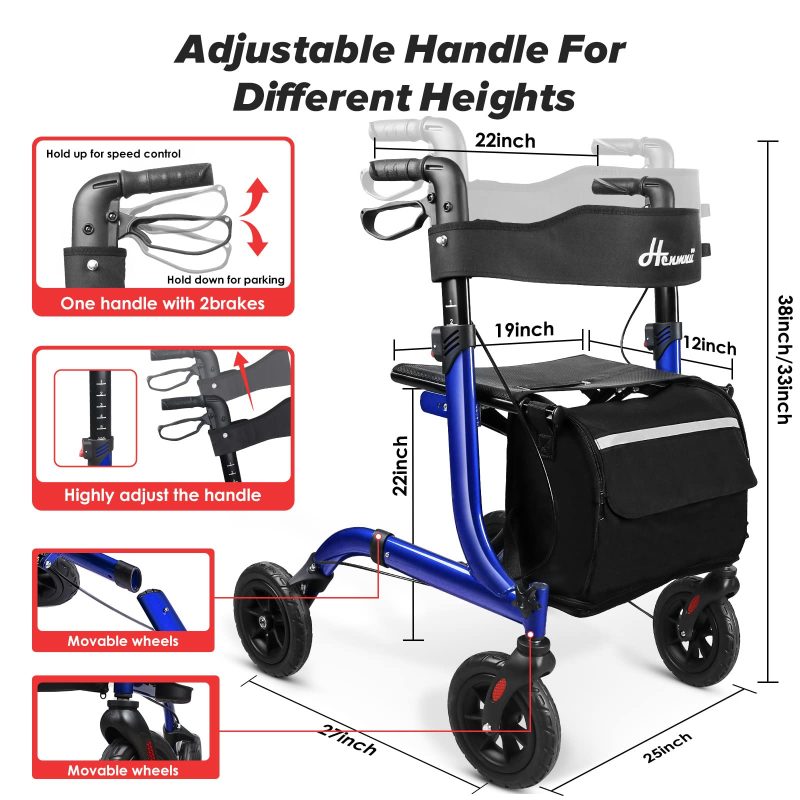 Henmnii Rollator Walker for Seniors, Lightweight Foldable All Terrain Rolling Walker with seat, Aluminum Walkers with 8 inch Rubber Wheels, Handles and Backrest for Seniors and Adult - Image 2