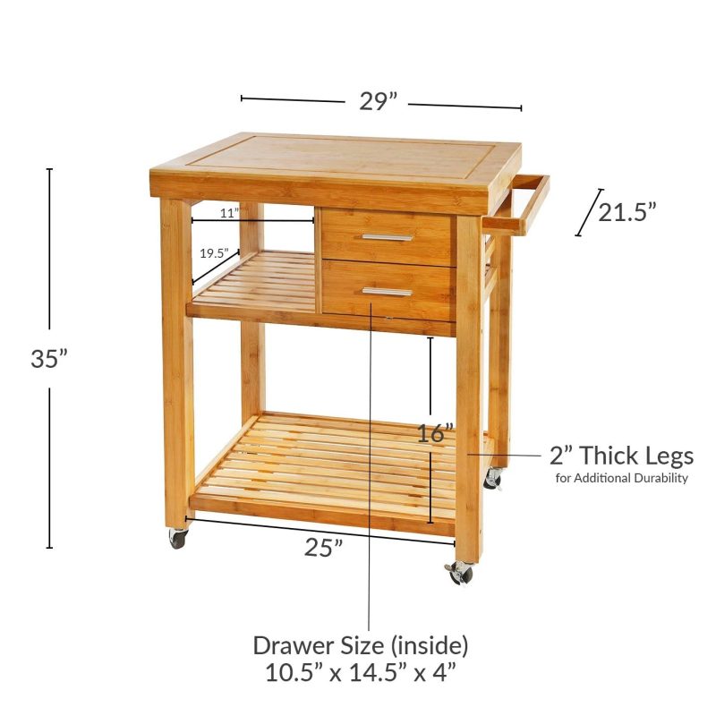 Home Aesthetics Rolling Bamboo Kitchen Island Cart Food Prep Trolley, with Towel - Image 4