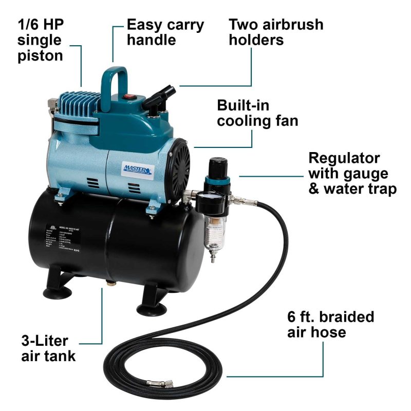 Master Airbrush Model TC-40T - Cool Runner Professional High Performance Single-Piston Airbrush Air Compressor with 3-Liter Air Tank, 2 Holders, Regulator, Gauge, Water Trap Filter & Air Hose - Image 2