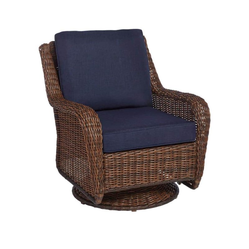 Hampton Bay Cambridge Brown Wicker Outdoor Patio Swivel Rocking Chair with CushionGuard Midnight Navy Blue Cushions 65-17148B4 - Image 3