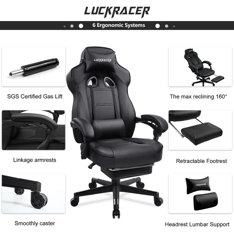 LUCKRACER Computer Gaming Chair with Footrest, Ergonomic Big and Tall Gamer Chair PU Leather Swivel Lumbar Support Racing Style E-Sports Game Chairs by GTRACING (Black) - Image 6