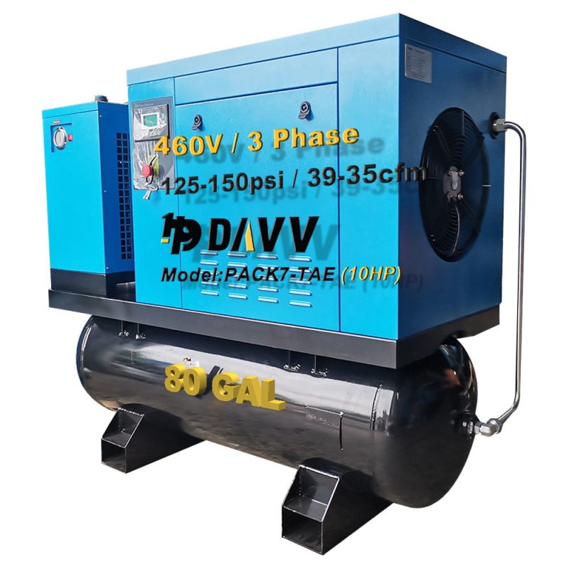 460v 3-Phase 10HP Rotary Screw Air Compressor With 80 Gal. ASME Tank + Refrigerated Air Dryer